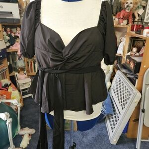 SHEIN Black Peplum Wrap Blouse with Tie Waist